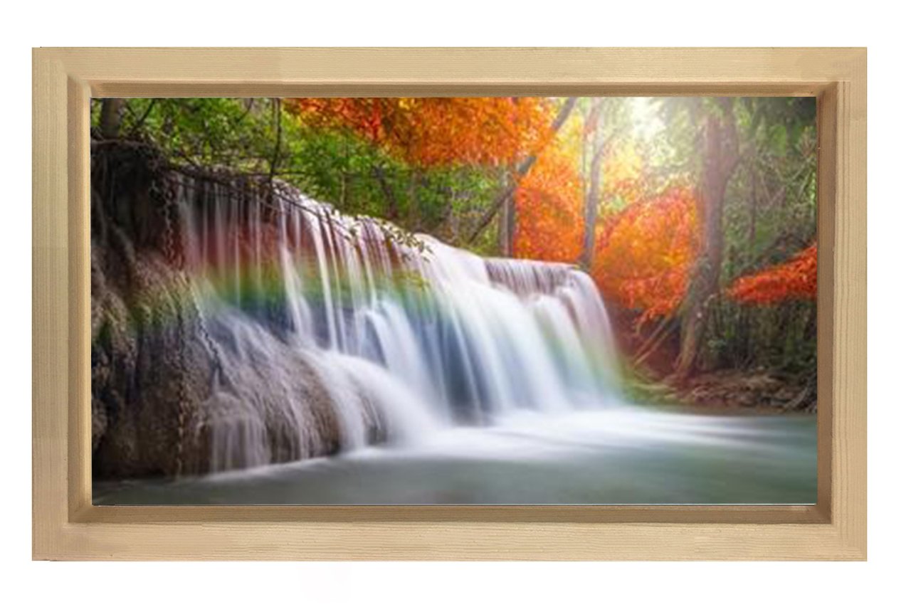 Gökkuşağı Orman Şelale Tablosu Naturel Ahşap Çerçeve - 70x100