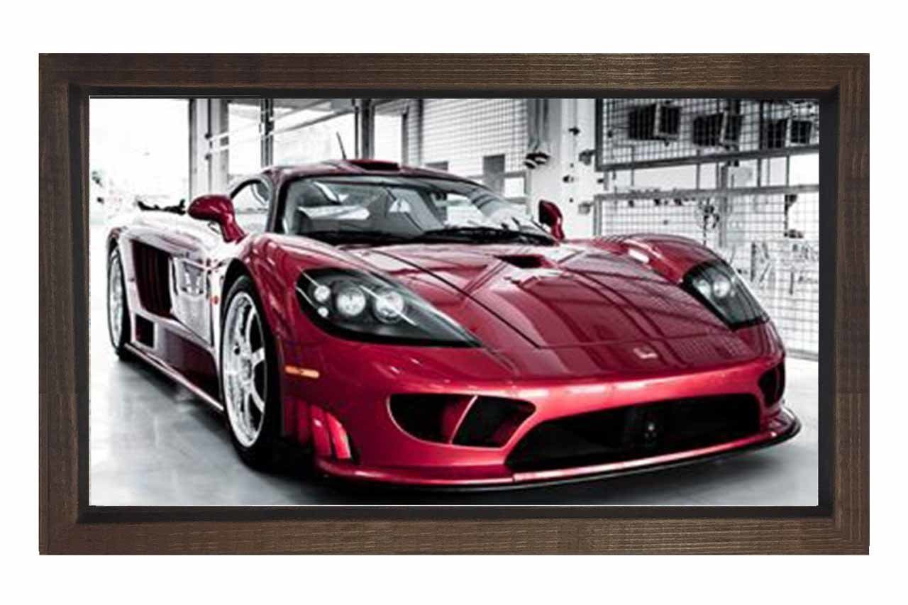 Kırmızı Spor Araba Tablosu Kahverengi Ahşap Çerçeve - 50x70