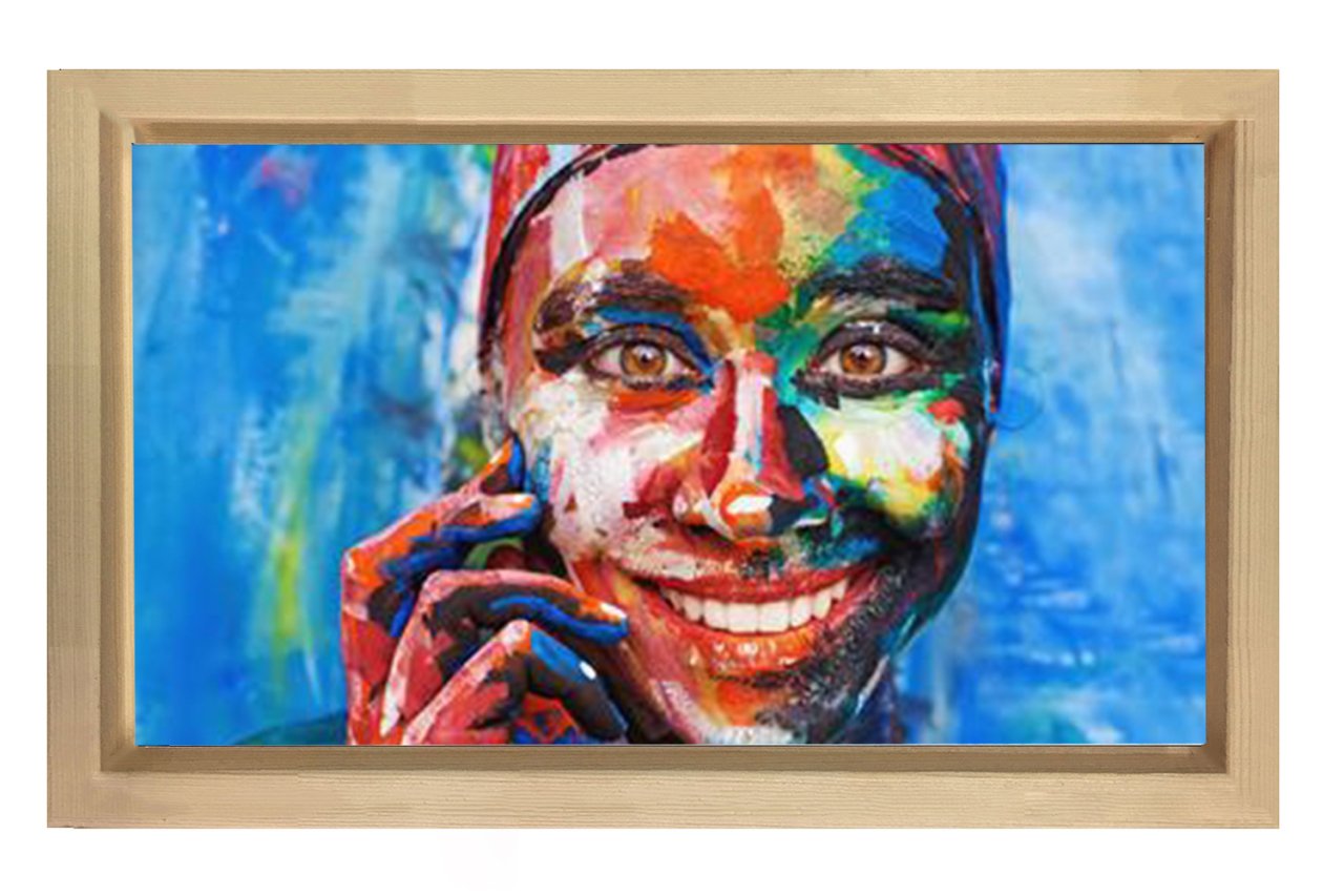 Gülen Renkli Zenci Tablosu Naturel Ahşap Çerçeve - 45x30