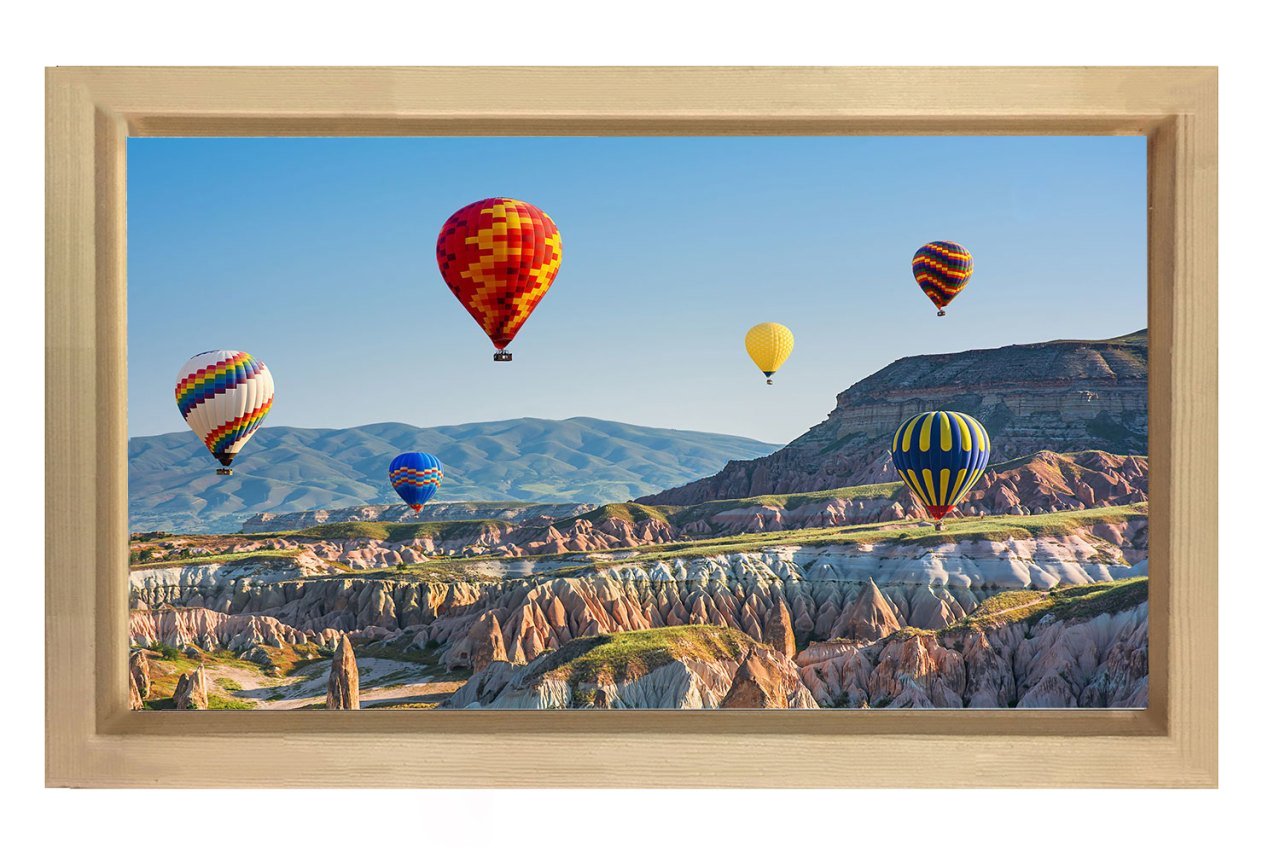 Uçan Balonlar Ve Manzara Tablosu Naturel Ahşap Çerçeve - 50x90