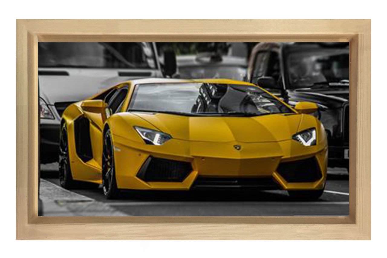 Sarı Lamborgini Tablosu Naturel Ahşap Çerçeve - 40x60