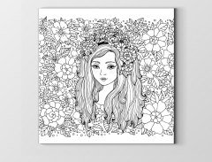 Güzel Kız Ve Çiçekli Desen Tablosu Çerçevesiz - 60x60