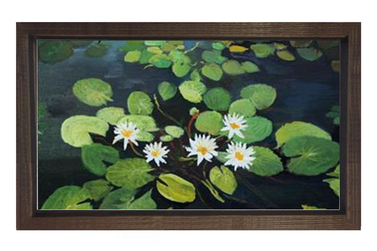Beyaz Nilüferler Çiçekleri Tablosu Kahverengi Ahşap - 50x90