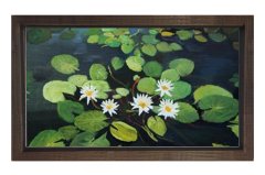 Beyaz Nilüferler Çiçekleri Tablosu Kahverengi Ahşap - 50x90