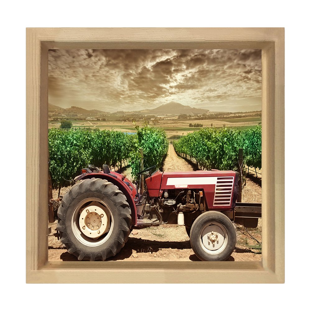 Traktör Ve Tarla Tablosu Naturel Ahşap Çerçeve - 40x40