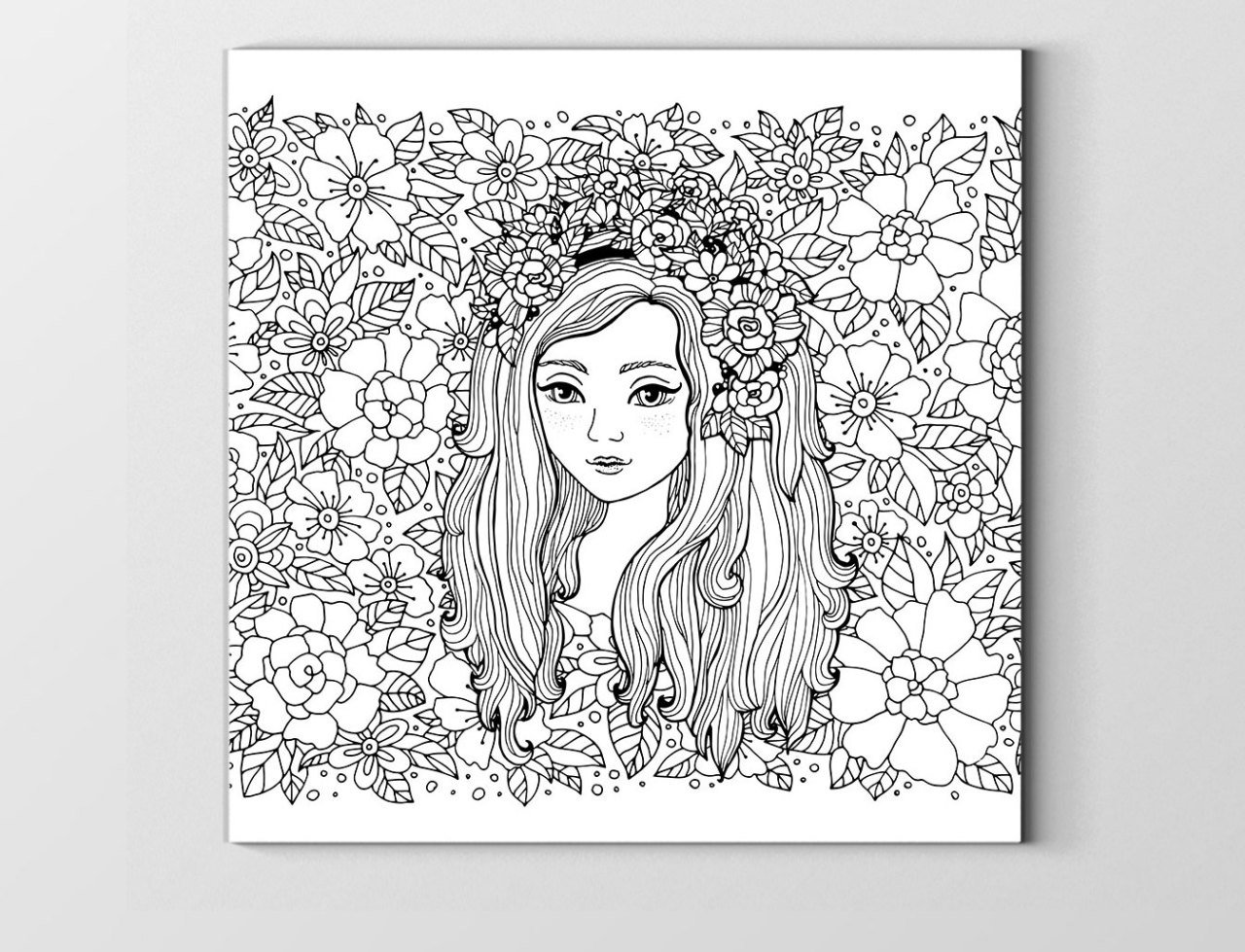 Güzel Kız Ve Çiçekli Desen Tablosu Çerçevesiz - 80x80