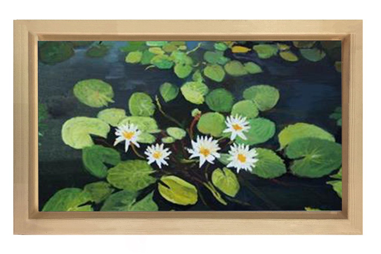 Beyaz Nilüferler Çiçekleri Tablosu Naturel Ahşap - 50x70