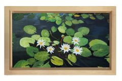 Beyaz Nilüferler Çiçekleri Tablosu Naturel Ahşap - 50x70