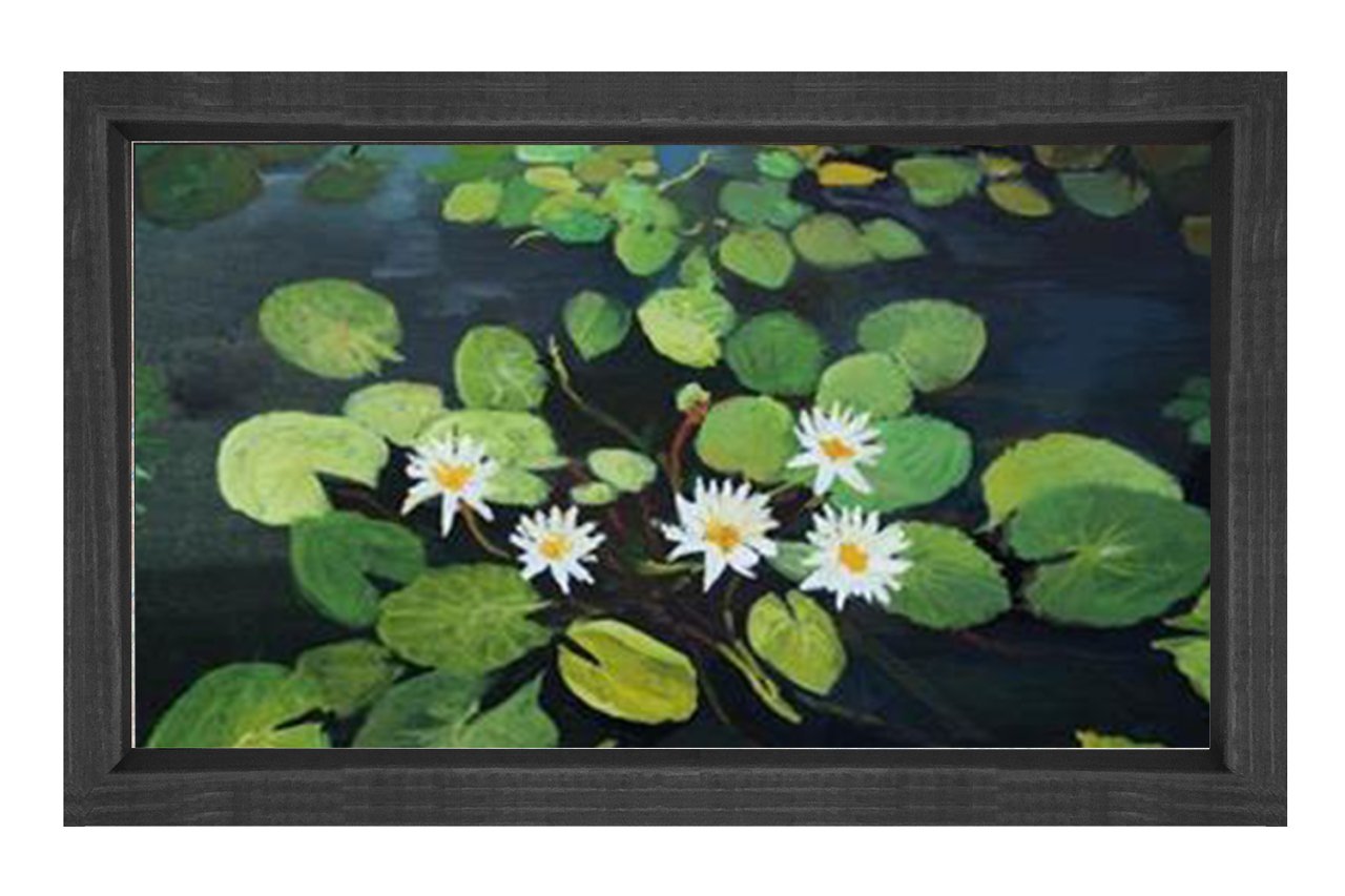 Beyaz Nilüferler Çiçekleri Tablosu Siyah Ahşap - 100x150