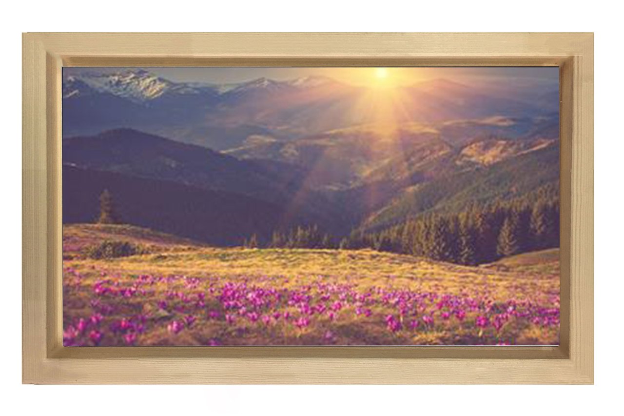 Mor Çiçekler Ve Güneş Manzara Tablosu Naturel Ahşap - 40x60