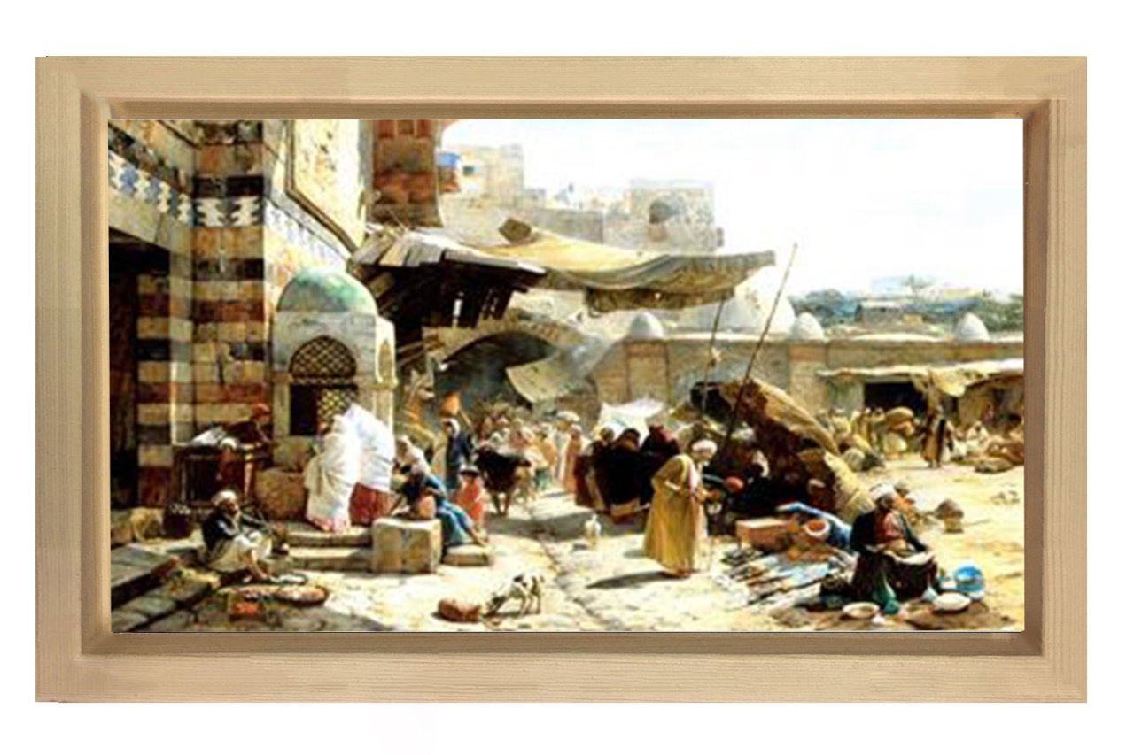 Osmanlı ve Pazar Tablosu Naturel Ahşap Çerçeve - 50x70