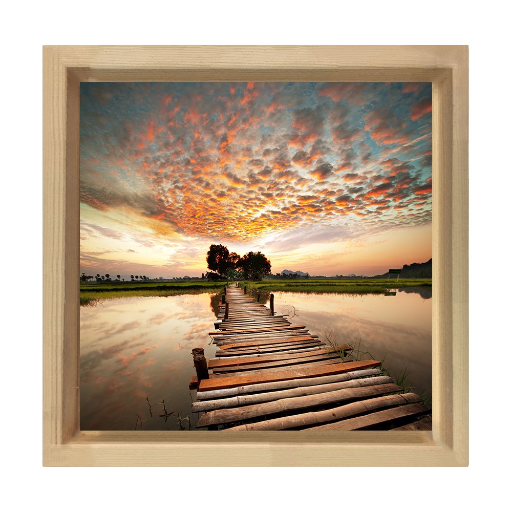 Gün Batımı İskele Tablosu Naturel Ahşap Çerçeve - 50x50