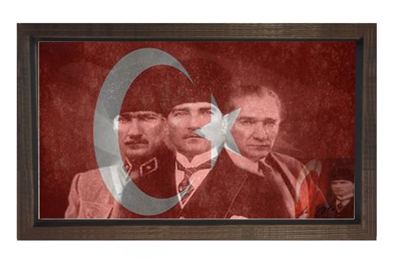 Atatürk Ve Türk Bayrağı Tablosu Kahverengi Ahşap - 50x70