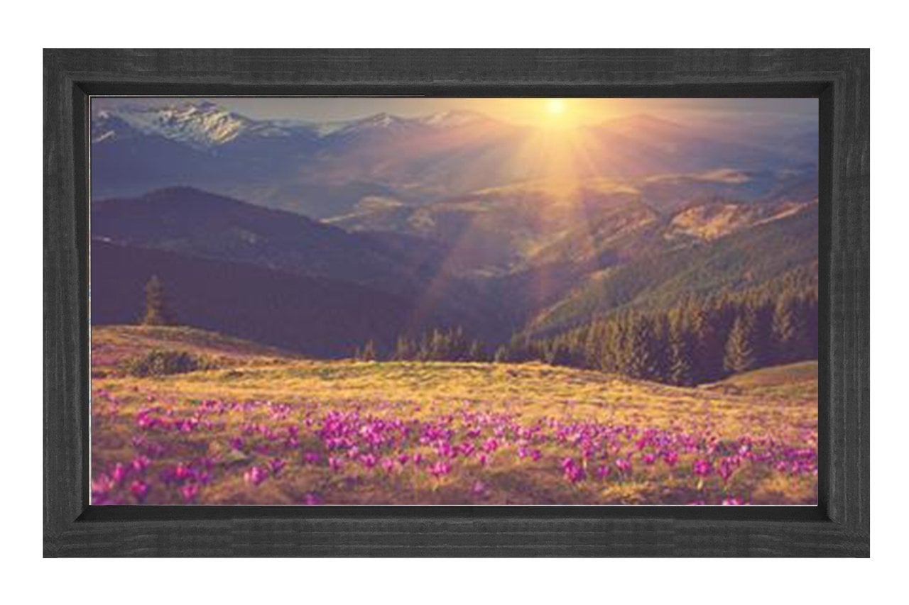 Mor Çiçekler Ve Güneş Manzara Tablosu Siyah Ahşap - 70x100