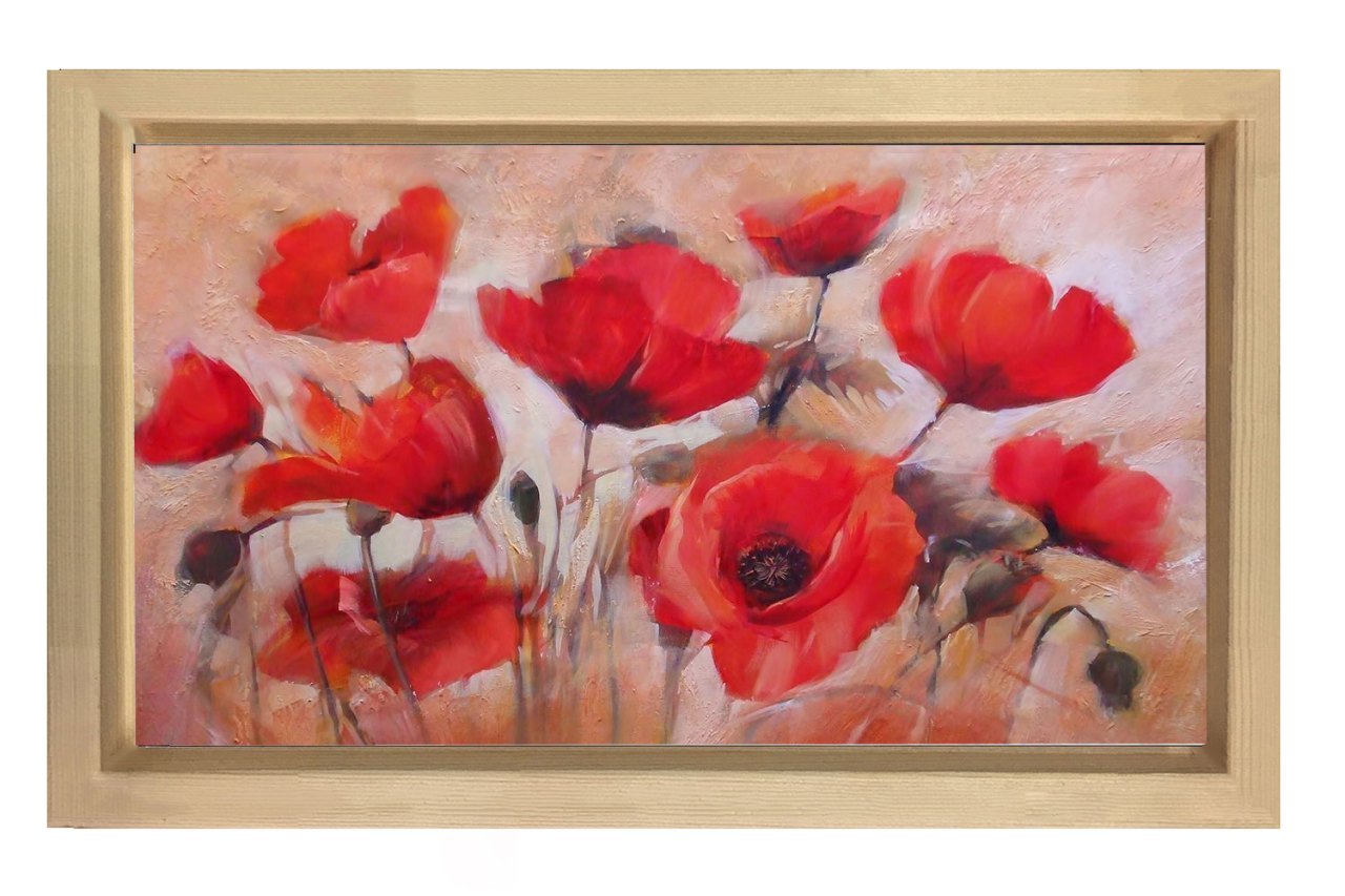 Gelincik Çiçekleri Tablosu Naturel Ahşap Çerçeve - 50x90