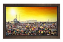 İstanbul ve Günbatımı Tablosu Kahverengi Ahşap Çerçeve - 45x30