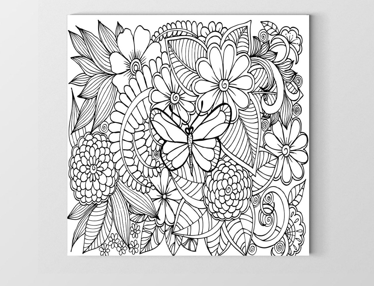 Kelebek Ve Çiçekli Boyama Tablo Tablosu Çerçevesiz - 40x40