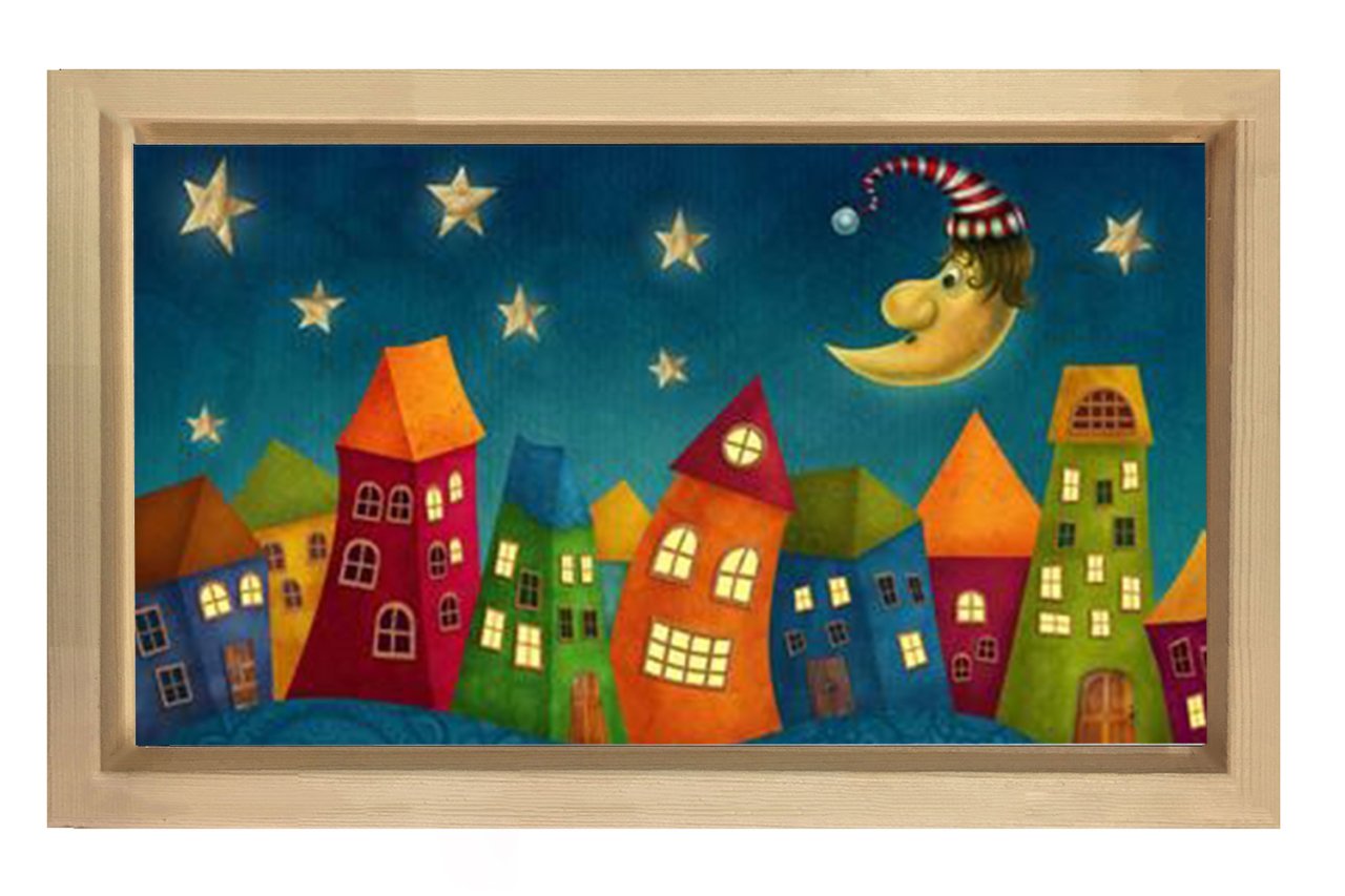 Sevimli Gece Mahallesi Tablosu Naturel Ahşap Çerçeve - 40x60