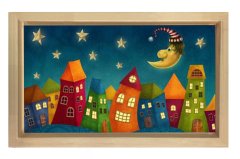 Sevimli Gece Mahallesi Tablosu Naturel Ahşap Çerçeve - 40x60