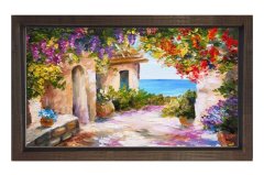 Çiçekler Ve Deniz Manzarası Tablosu Kahverengi Ahşap - 40x60