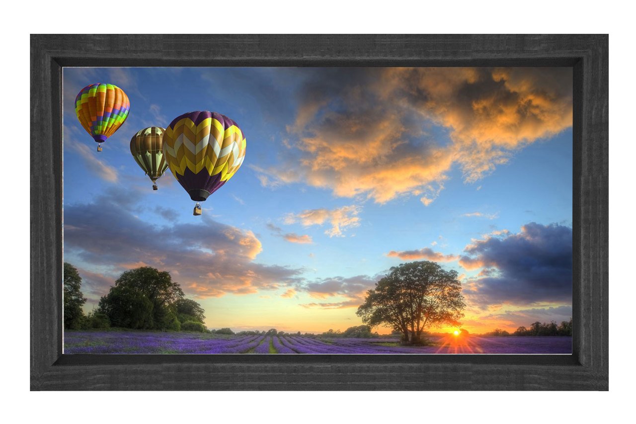 Uçan Balon Ve Lavanta Manzarası Tablosu Siyah Ahşap Çerçeve - 70x100