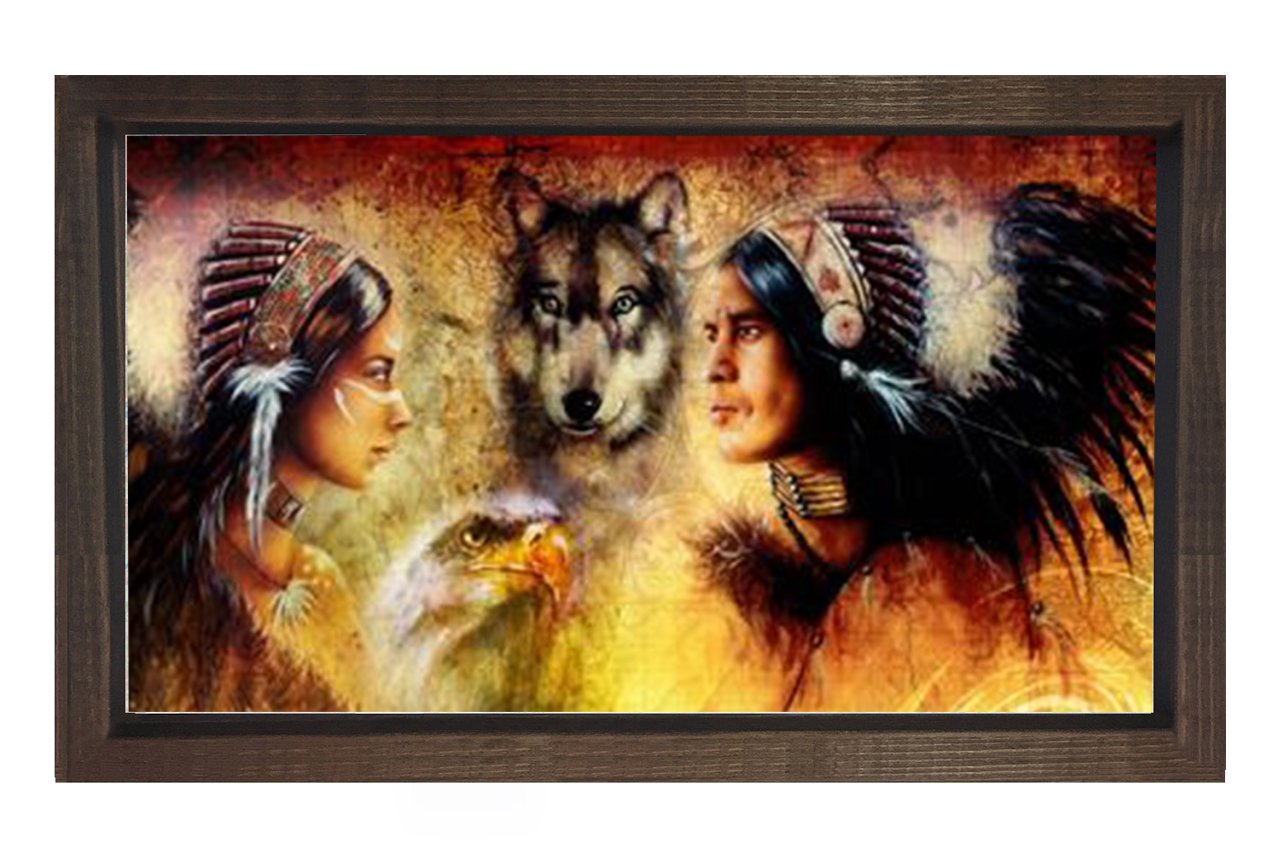 Kurt Ve Kızılderililer Tablosu Kahverengi Ahşap Çerçeve - 45x30