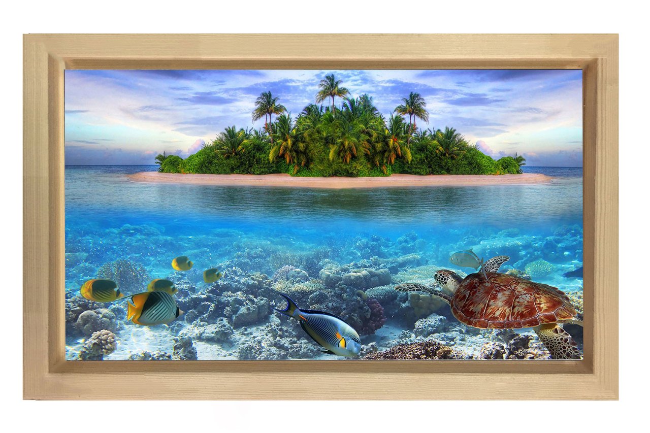 Ada ve Sualtı Dünyası Tablosu Naturel Ahşap Çerçeve - 45x30
