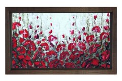 Kırmızı Soyut Çiçekler Tablosu Kahverengi Ahşap Çerçeve - 45x30