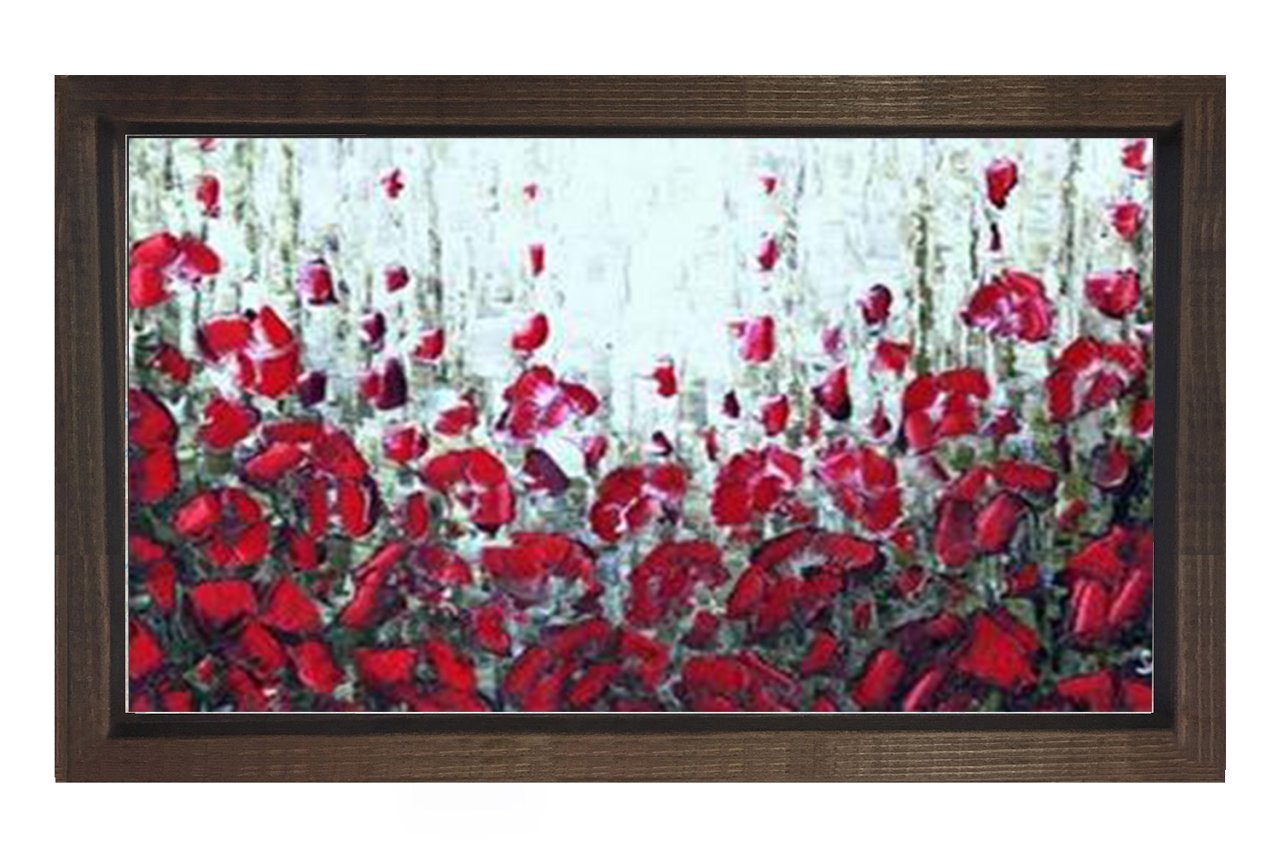 Kırmızı Soyut Çiçekler Tablosu Kahverengi Ahşap Çerçeve - 50x70