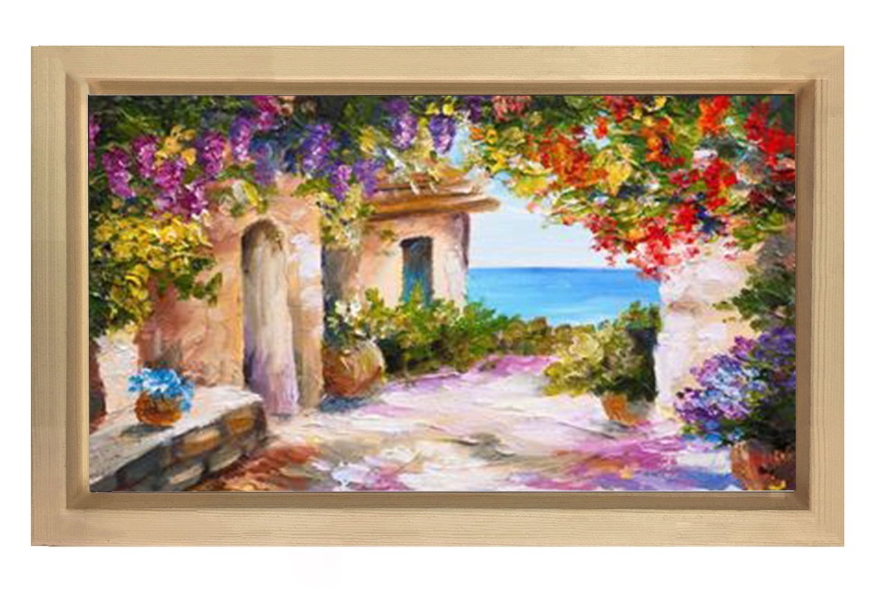 Çiçekler Ve Deniz Manzarası Tablosu Naturel Ahşap - 50x90
