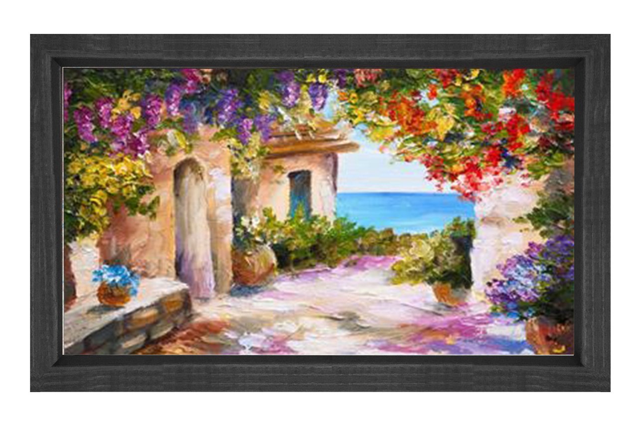 Çiçekler Ve Deniz Manzarası Tablosu Siyah Ahşap - 100x200