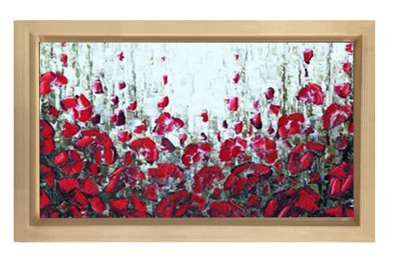 Kırmızı Soyut Çiçekler Tablosu Naturel Ahşap Çerçeve - 100x200