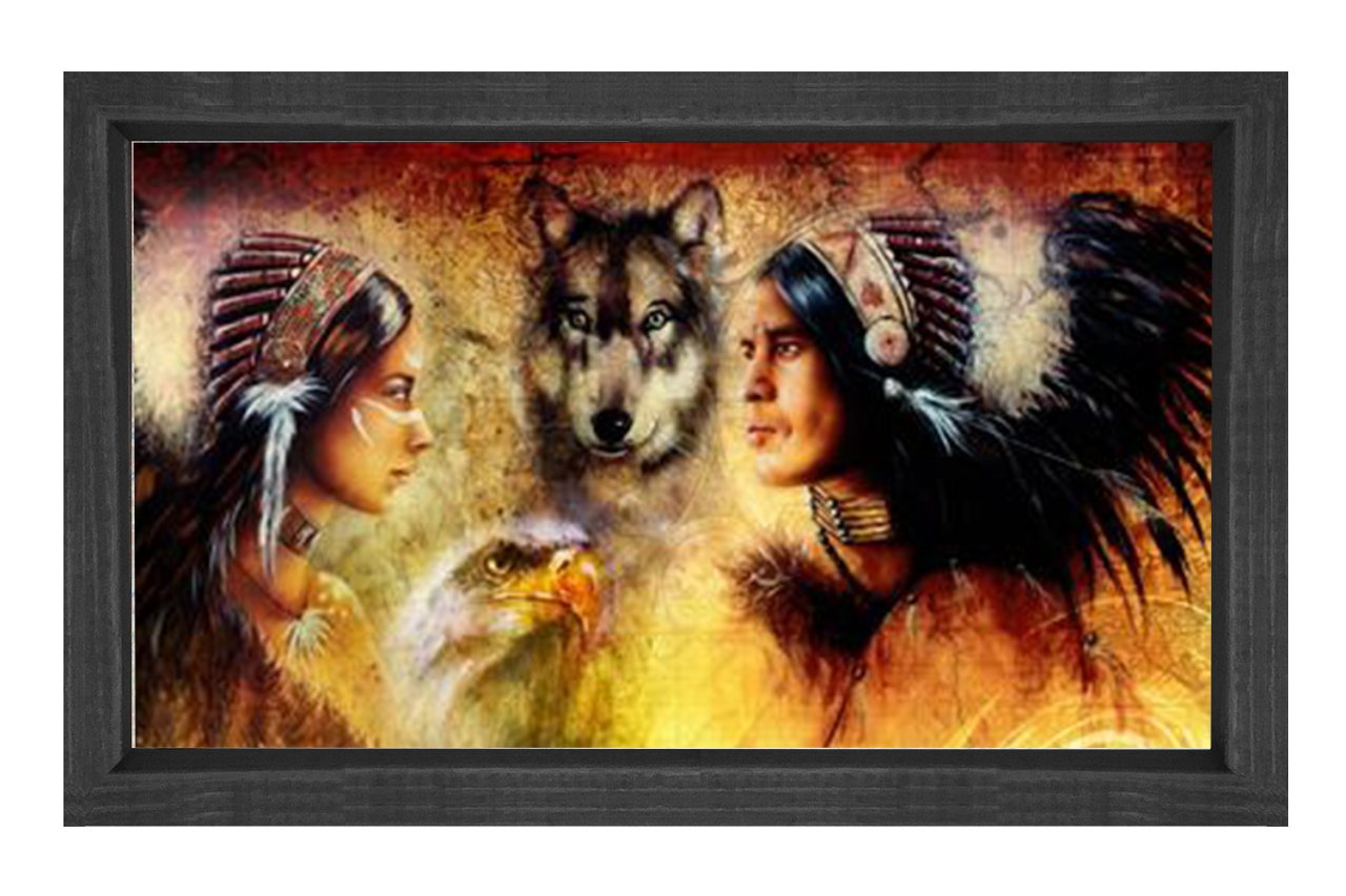 Kurt Ve Kızılderililer Tablosu Siyah Ahşap Çerçeve - 50x90