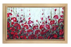 Kırmızı Soyut Çiçekler Tablosu Naturel Ahşap Çerçeve - 45x30