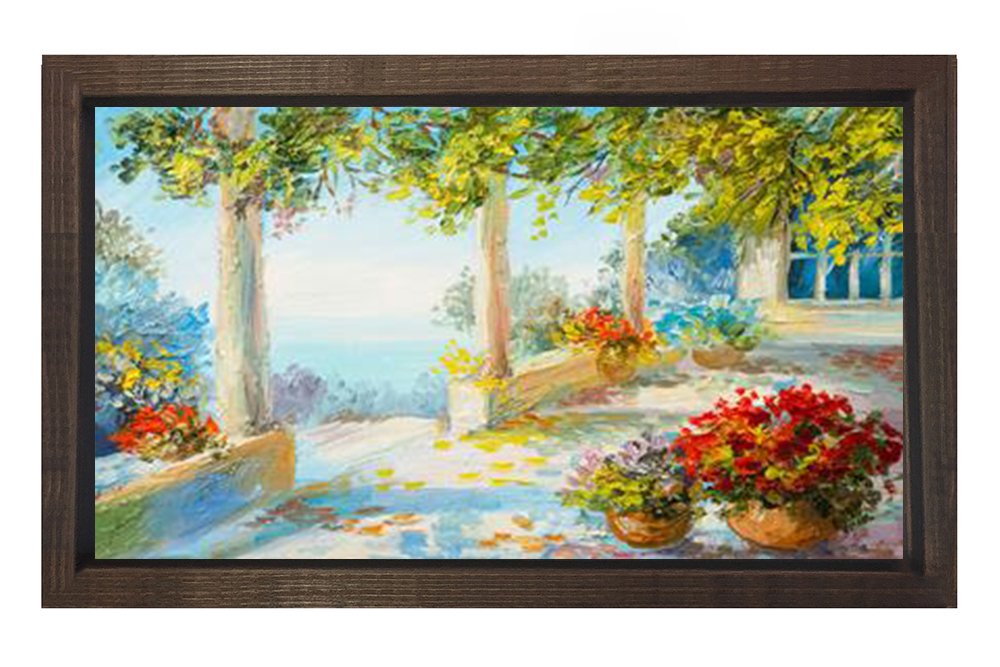 Çiçekli Avlu Tablosu Kahverengi Ahşap - 40x60