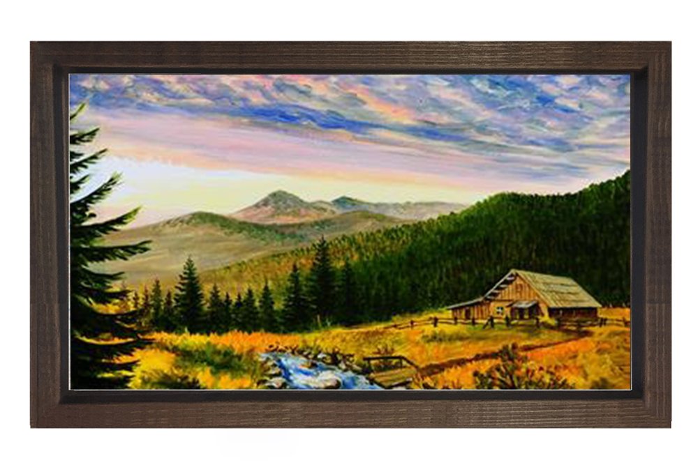 Dağ Evi  Ve Yeşil  Manzara Tablosu Kahverengi Ahşap Çerçeve - 50x70