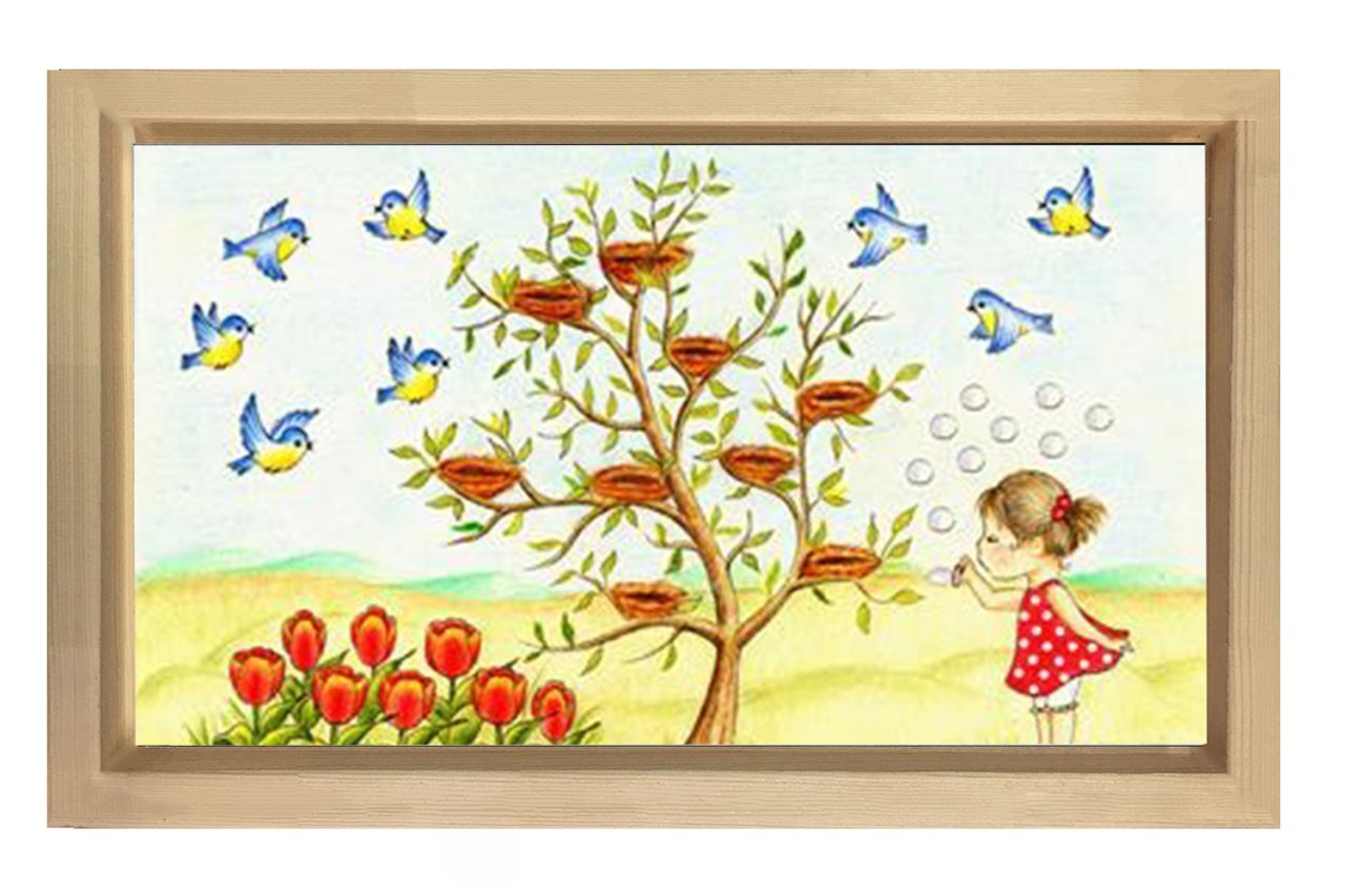 Sevimli Kuşlar Ve Kız Tablosu Naturel Ahşap Çerçeve - 100x200