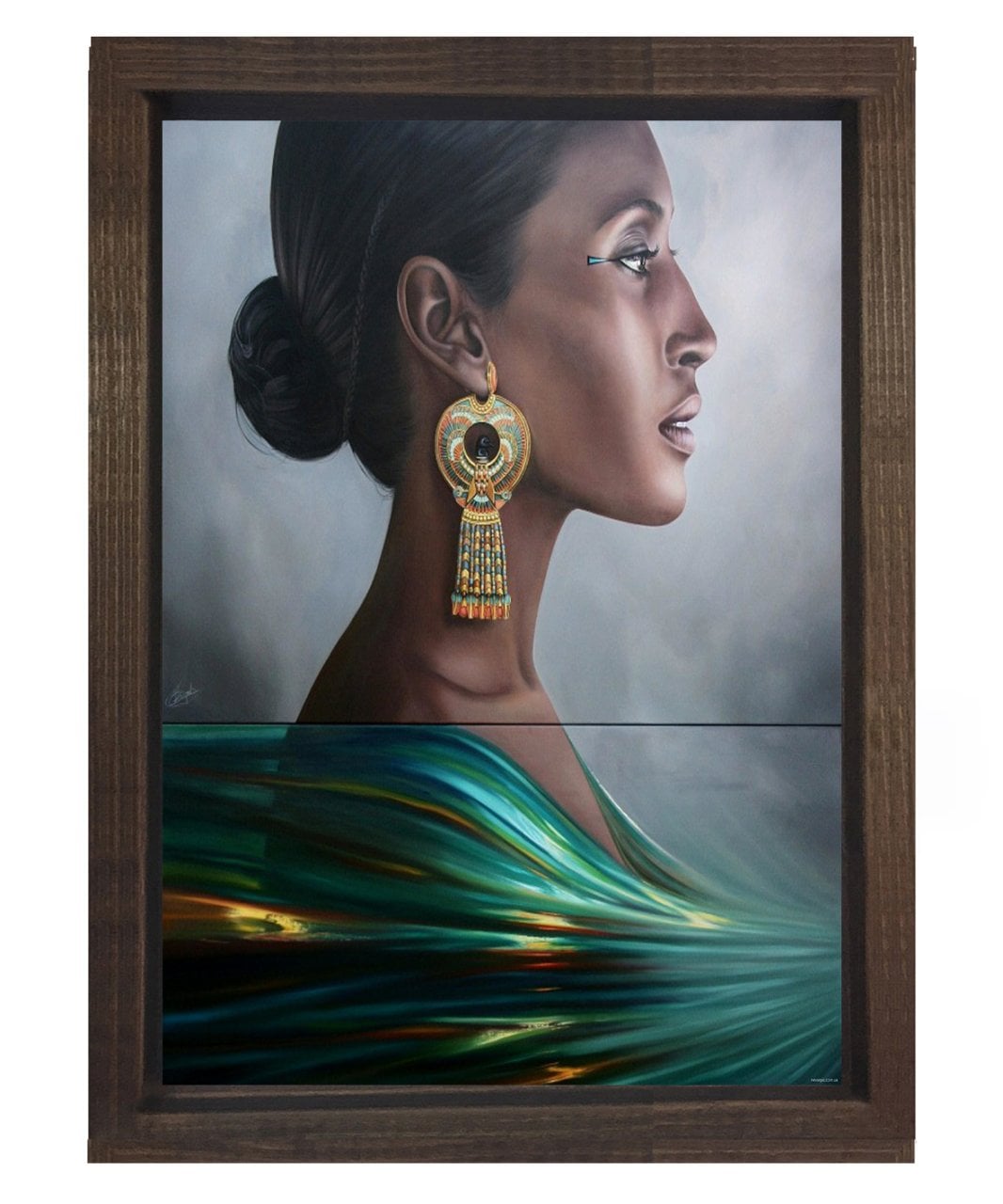 Zenci Kadın Yeşil Tablosu Kahverengi Ahşap Çerçeve - 40x60
