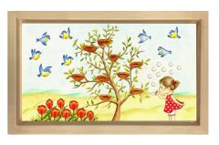Sevimli Kuşlar Ve Kız Tablosu Naturel Ahşap Çerçeve - 70x100
