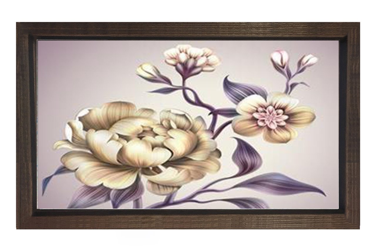 Beyaz Gül Çiçekler Tablosu Kahverengi Ahşap Çerçeve - 40x60