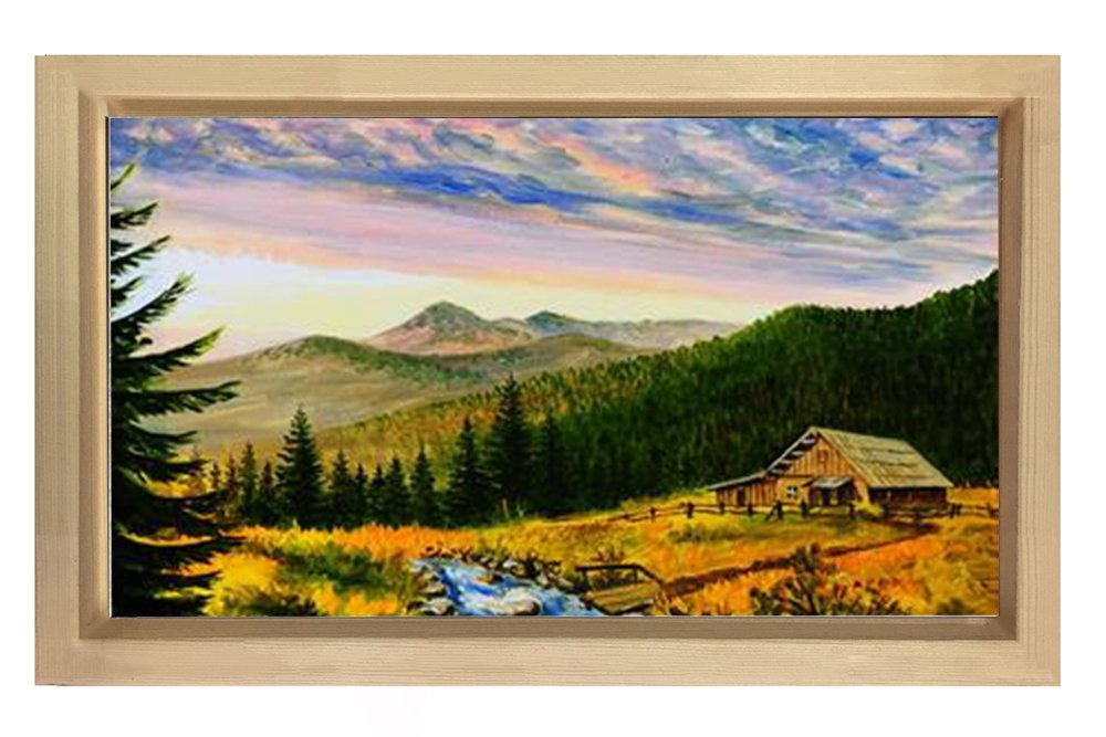 Dağ Evi  Ve Yeşil  Manzara Tablosu Naturel Ahşap Çerçeve - 50x90