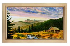 Dağ Evi  Ve Yeşil  Manzara Tablosu Naturel Ahşap Çerçeve - 70x100