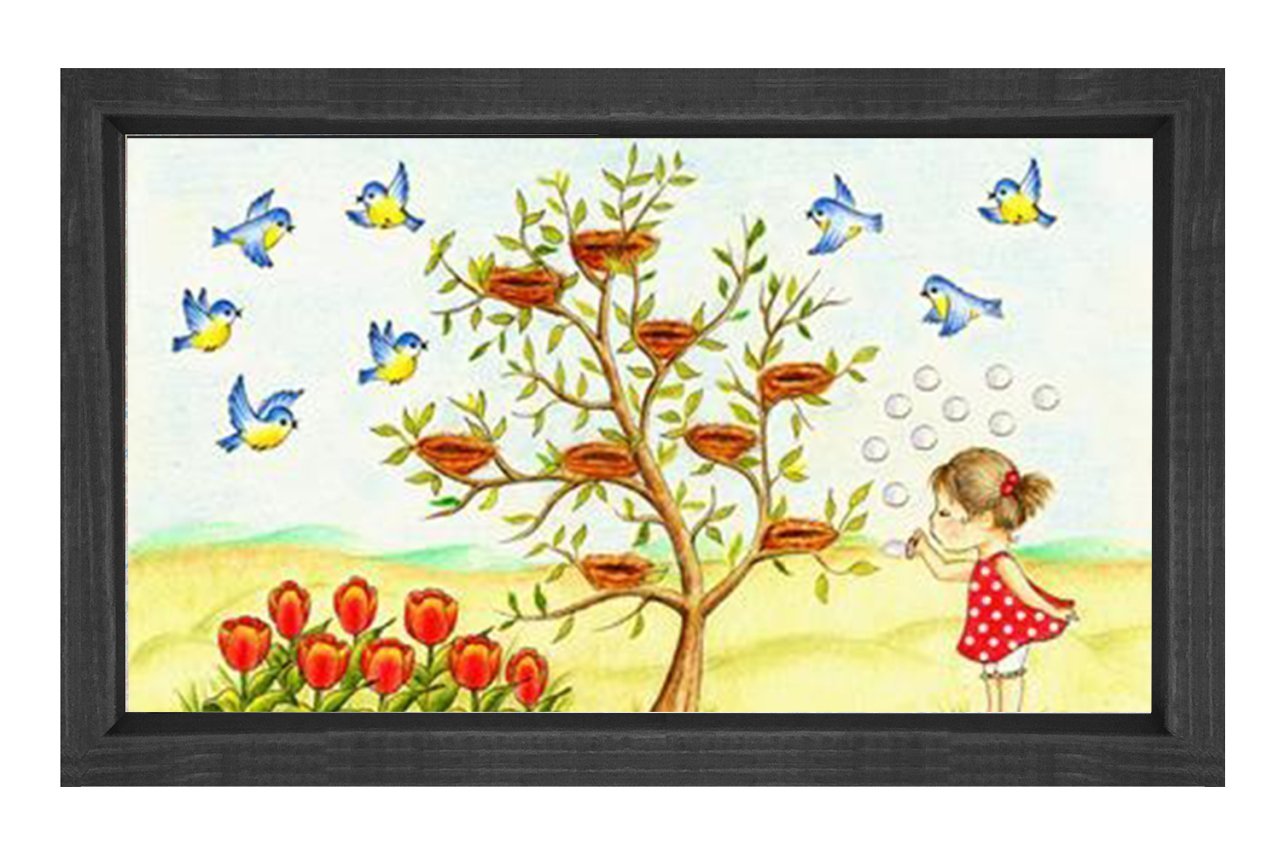 Sevimli Kuşlar Ve Kız Tablosu Siyah Ahşap Çerçeve - 40x60