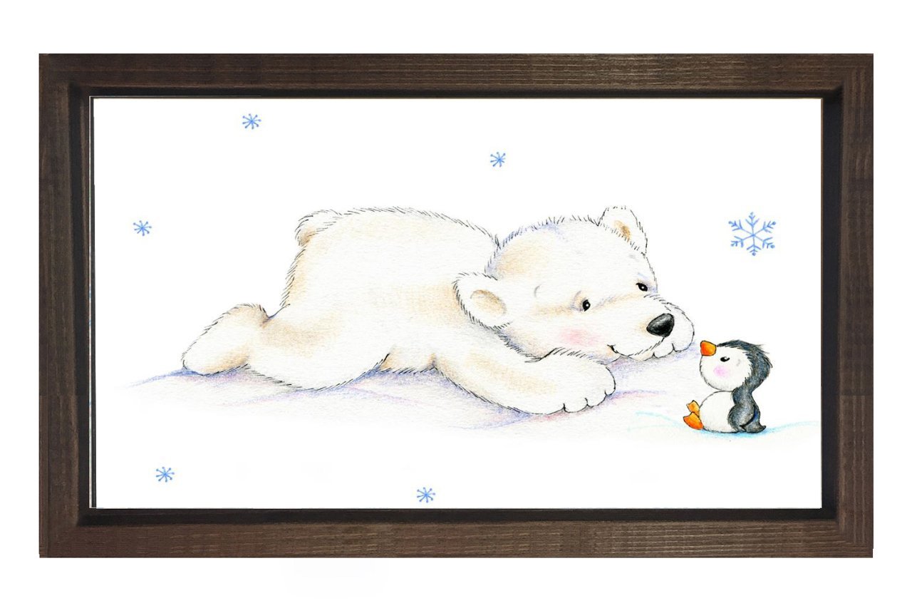 Sevimli Kutup Ayısı Ve Penguen Tablosu Kahverengi Ahşap Çerçeve - 100x150