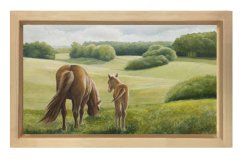 Orman Ve At Manzarası Tablosu Naturel Ahşap Çerçeve - 50x90