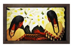 Çiçekçi Çoçuklar Tablosu Kahverengi Ahşap Çerçeve - 30x30
