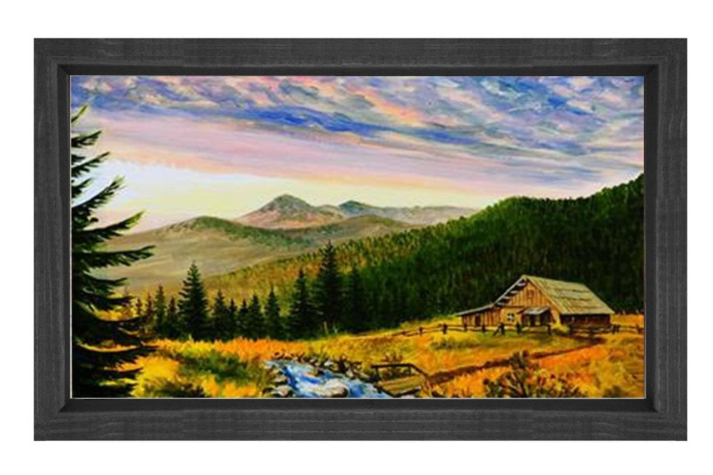 Dağ Evi  Ve Yeşil  Manzara Tablosu Siyah Ahşap Çerçeve - 45x30