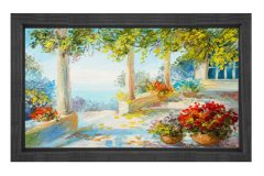 Çiçekli Avlu Tablosu Siyah Ahşap - 45x30