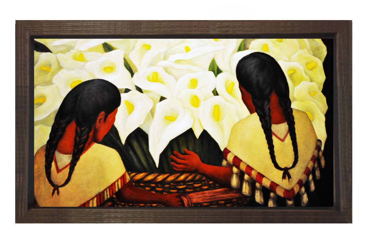 Çiçekçi Çoçuklar Tablosu Kahverengi Ahşap Çerçeve - 60x60