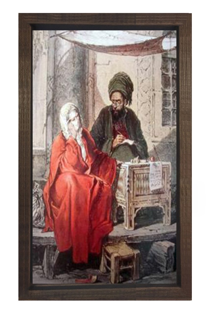 Osmanlı Kadını Ve Adam Tablosu Kahverengi Ahşap Çerçeve - 40x60